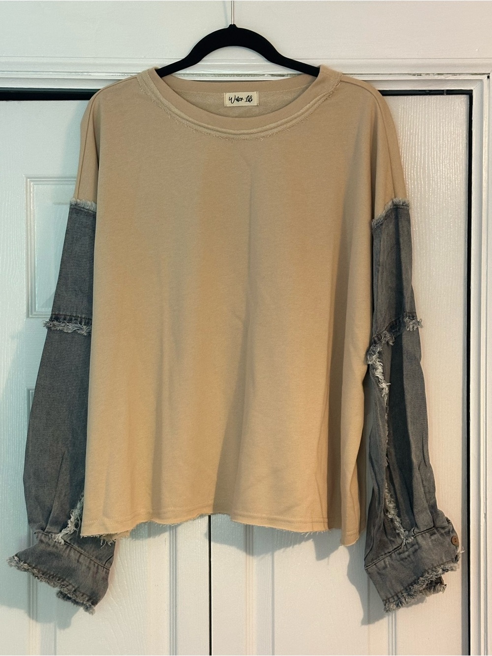 Washed Beige and Denim Long-Sleeve Top with Distressed Sleeve Detail